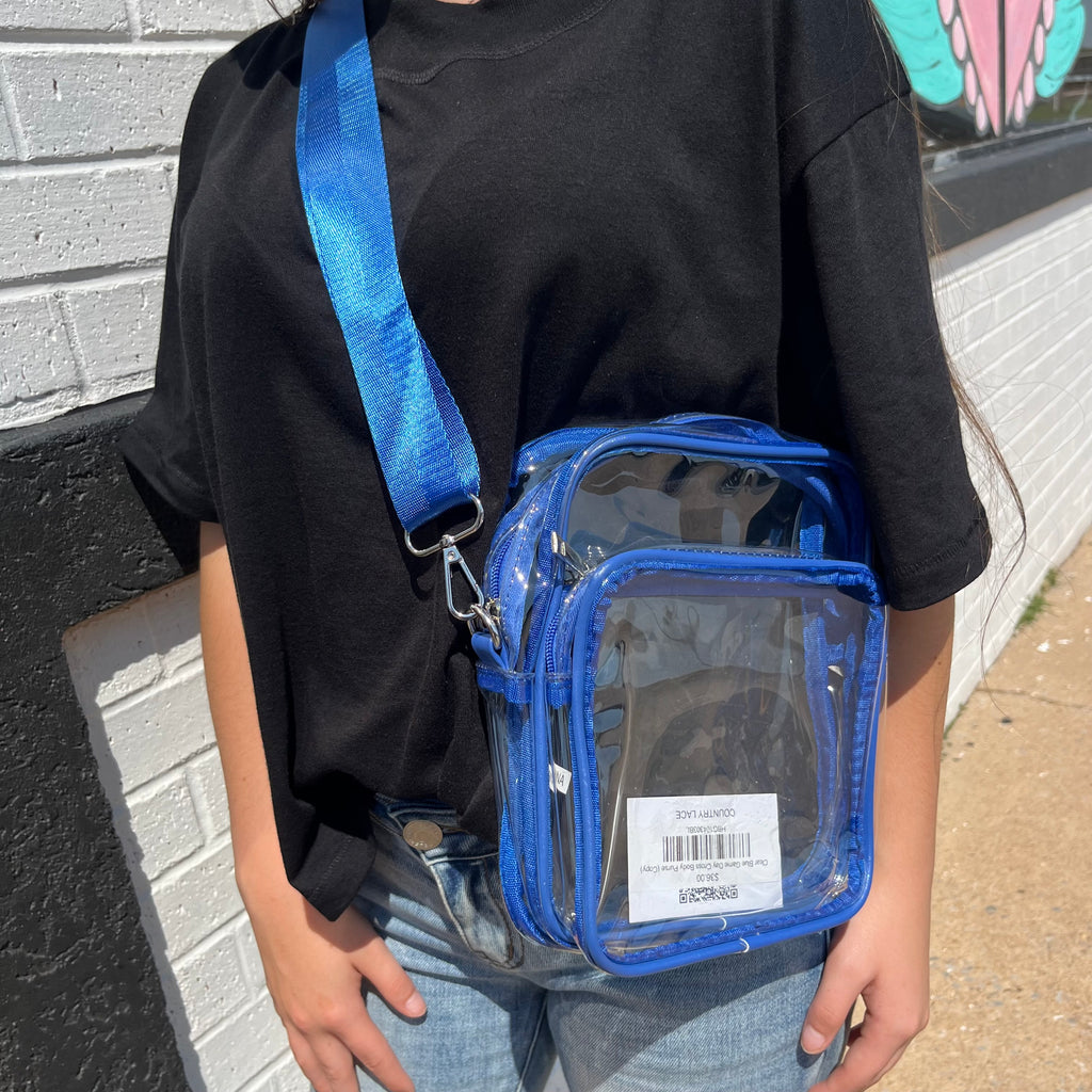 clear bag with blue strap 
