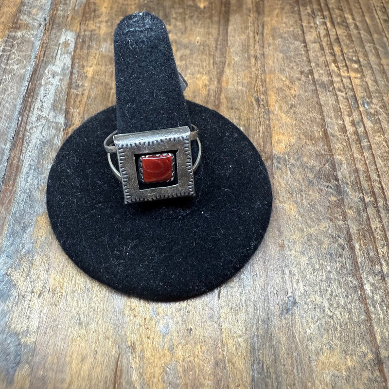 Sterling Silver Square with Red Spiny Sterling Silver Ring