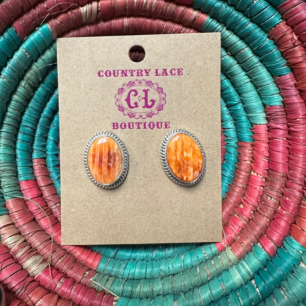 Oval Orange Spiny with Rope Detail Post Stud Genuine Earring