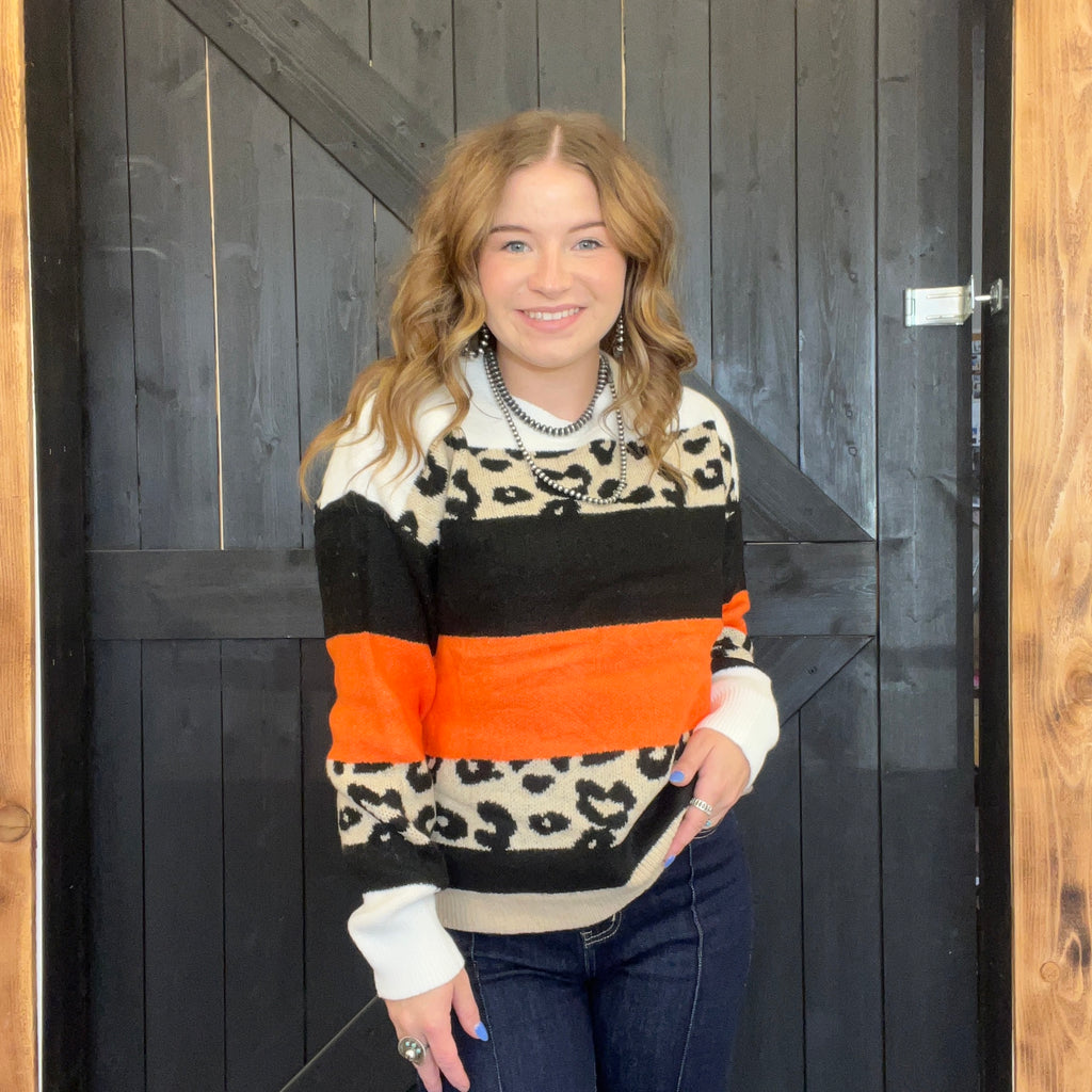 Super Soft Orange & Leopard Striped Sweater
