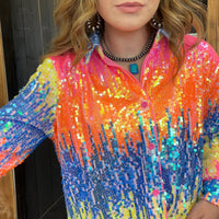 colorful sequin jacket with a pattern of blue, yellow, and orange.