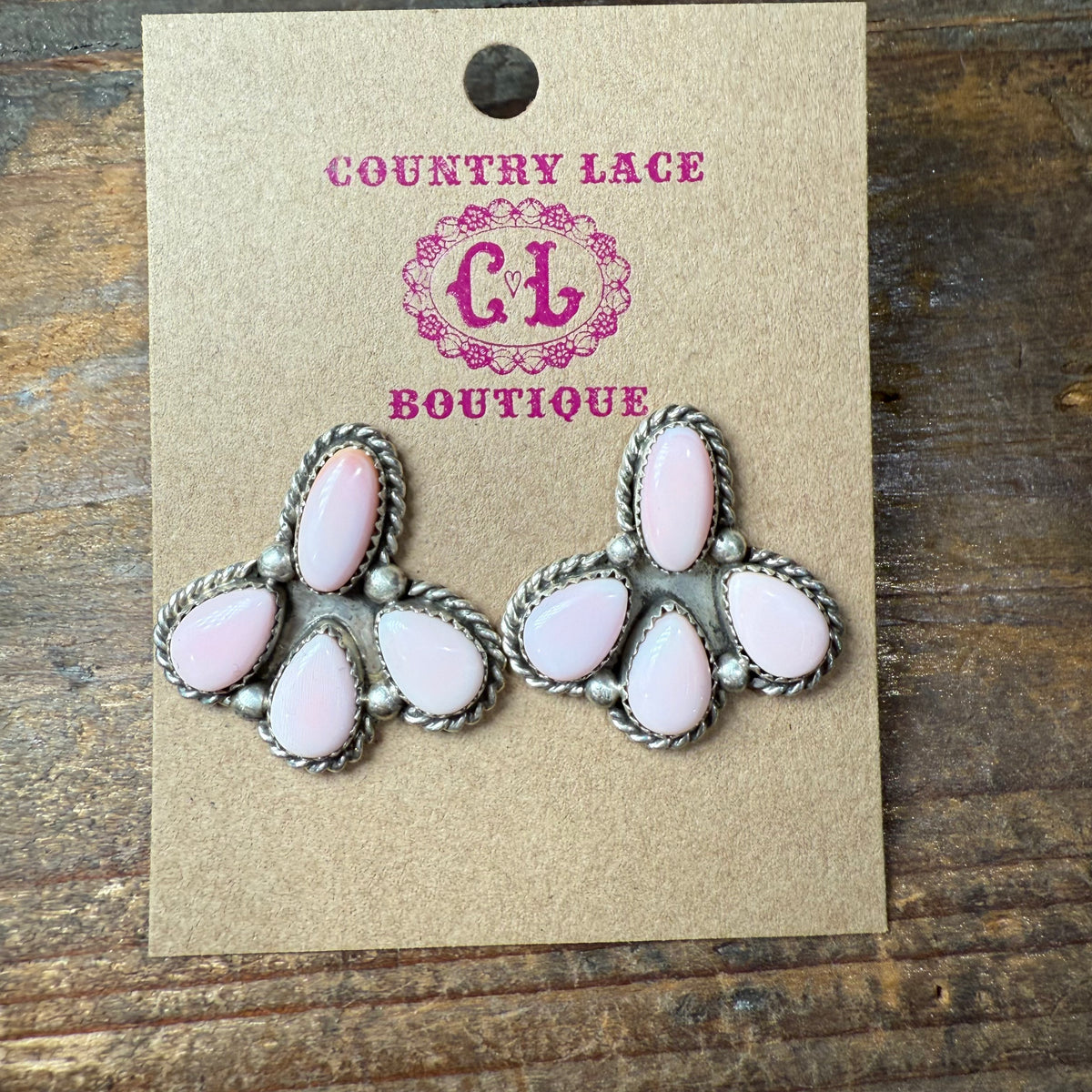 4 Stone Pink Conch Fan Post Sterling Silver Earring