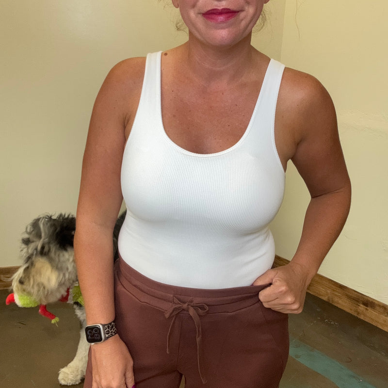 White Ribbed Tank Top with Built in Bra