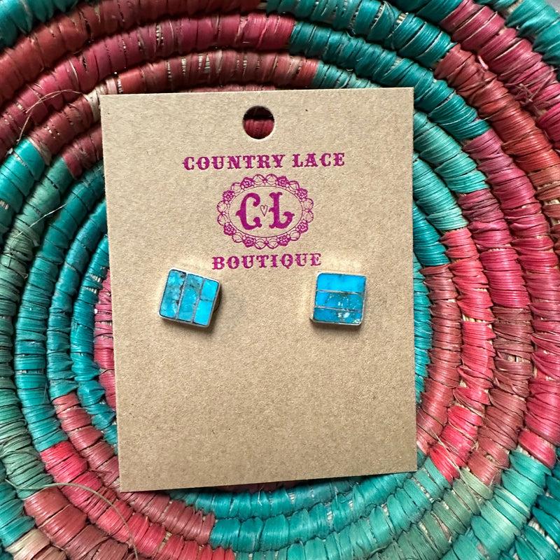 Blue Turquoise Inlay Square Post Stud Genuine Earring