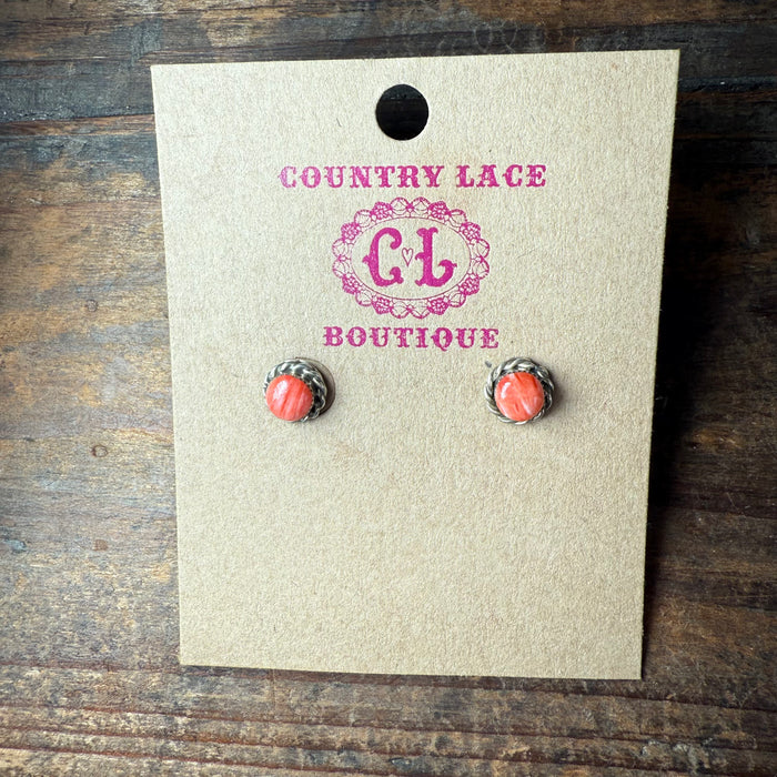 Little Round Orange Spiny With Detail Post Sterling Silver Earring