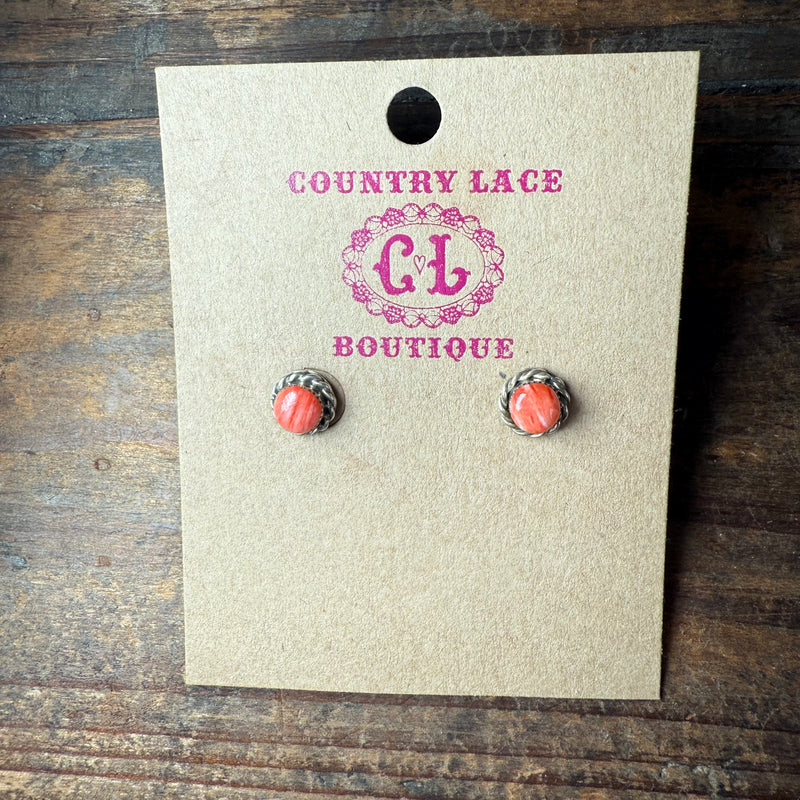 Little Round Orange Spiny With Detail Post Sterling Silver Earring