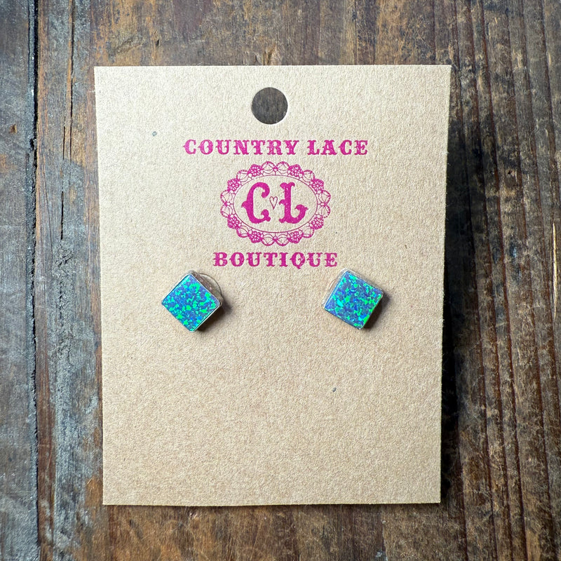 Big Green Opal Square Stud Sterling Silver Earring