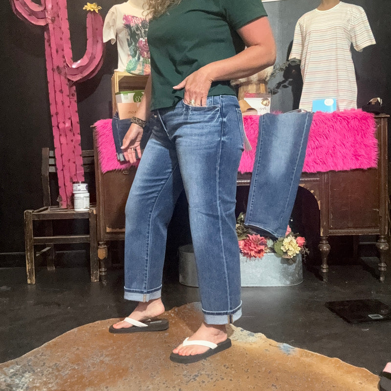 Dark Wash Mid Rise Ankle Boyfriend Turn Cuffed Risen Jeans