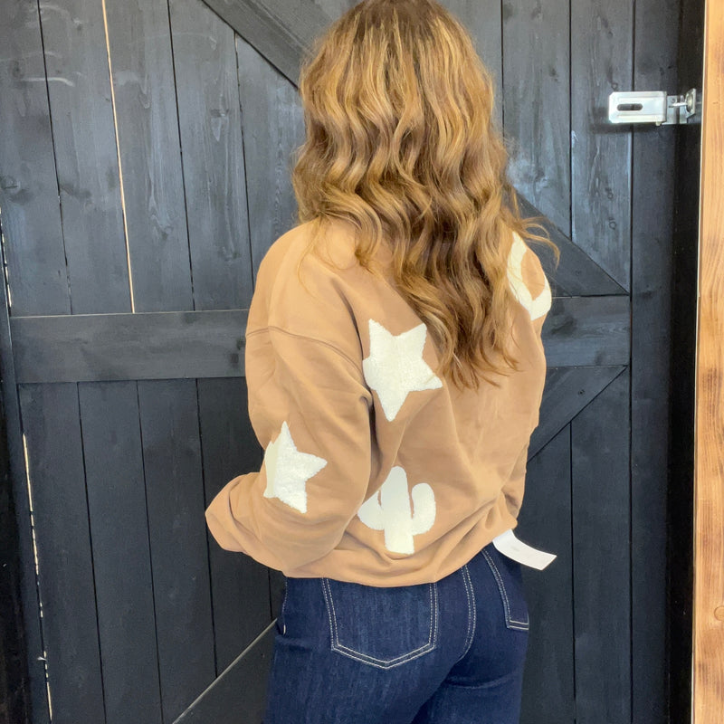 Tan Western Textured Patchwork Sweatshirt