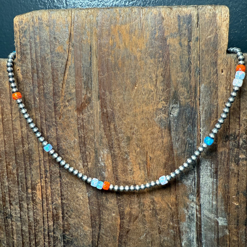 14 inch 3mm Navajo Pearl w/ Orange, Blue, and White Opal Sterling Silver Necklace