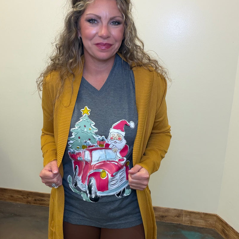 Heather Grey Santa Red Truck V Neck Short Sleeve T Shirt