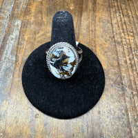 White Buffalo & Bronze Oval Sterling Silver Ring W/ Rope Braiding
