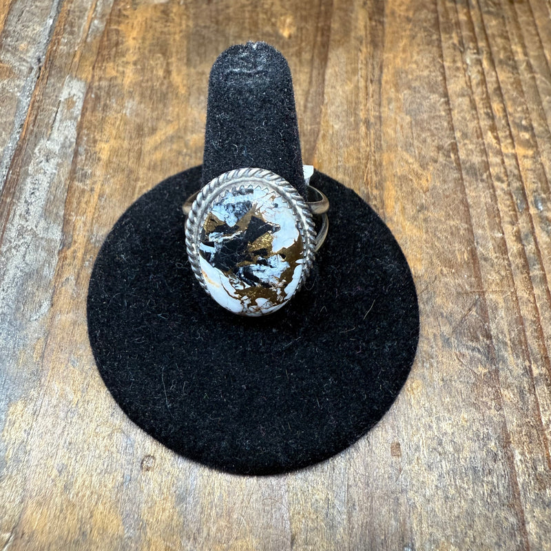White Buffalo & Bronze Oval Sterling Silver Ring W/ Rope Braiding