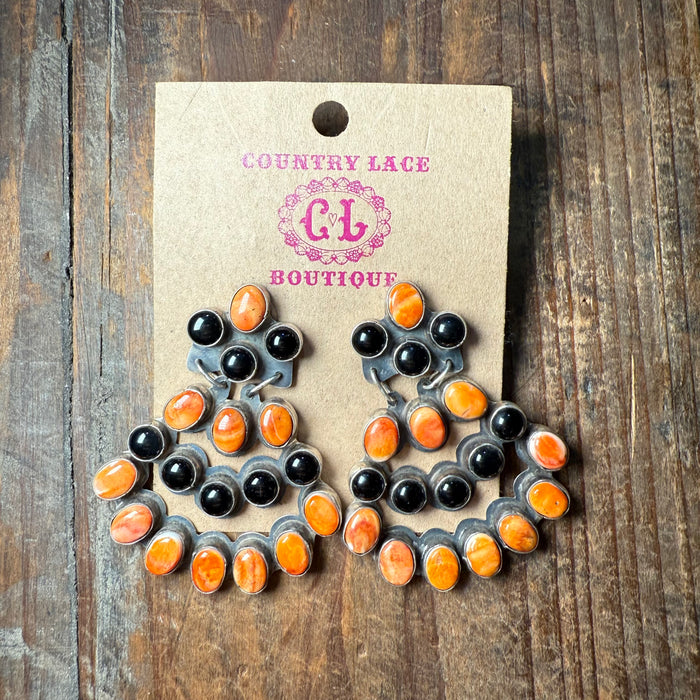 Black Onyx and Orange Spiny Chandelier Sterling Silver Earrings