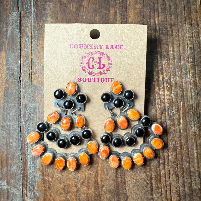 Black Onyx and Orange Spiny Chandelier Sterling Silver Earrings