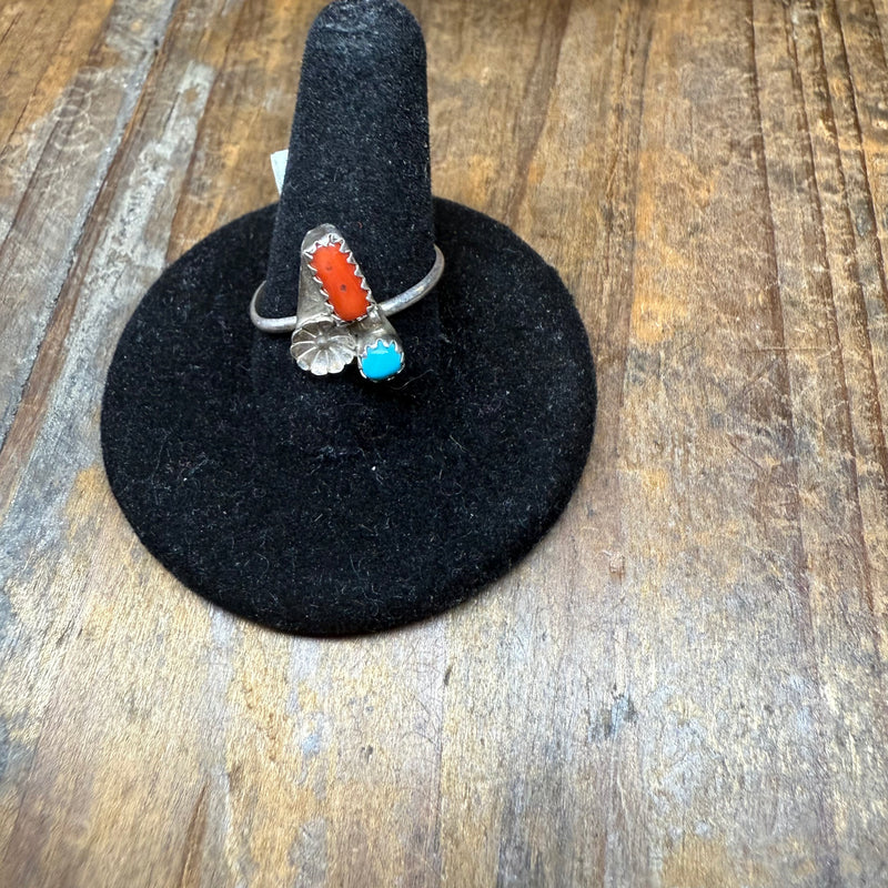 Dainty Turquoise & Red Coral SS flower Sterling Silver Ring size 7