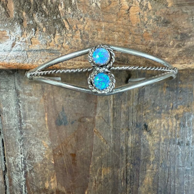 2 Stone Light Blue Opal Cuff Sterling Silver Bracelet