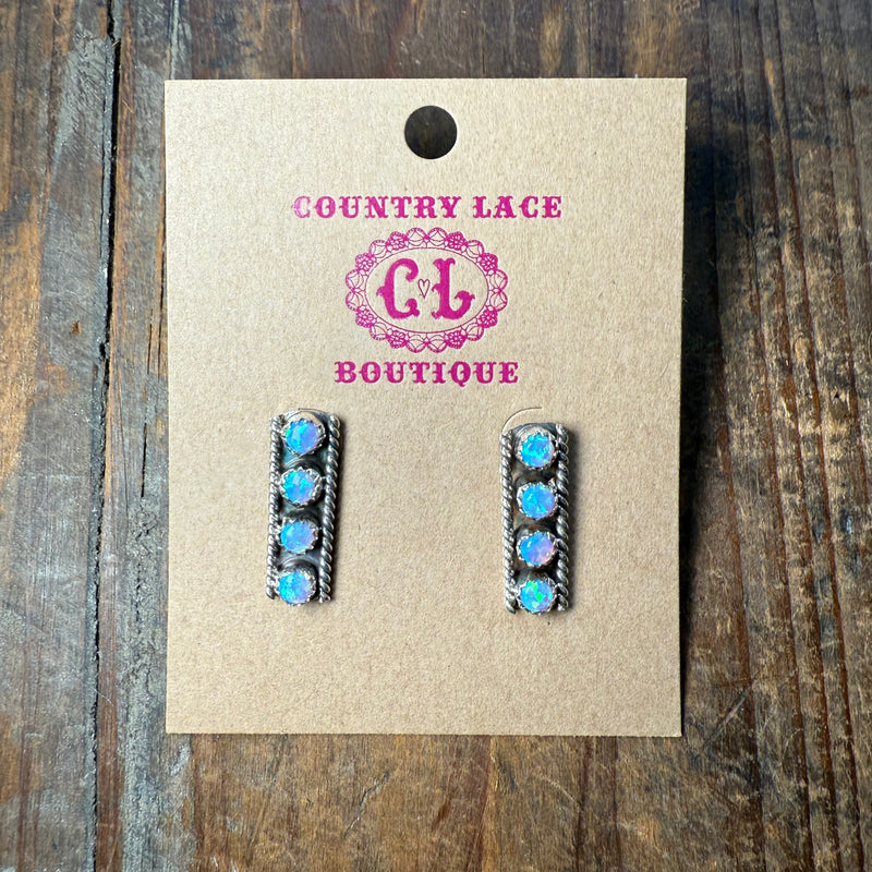 4 Stone Light Blue Opal Post Stud Sterling Silver Earring