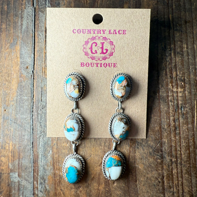 Fancy 3 Stone Turquoise & Spiny Dangle Post Sterling Silver Earring