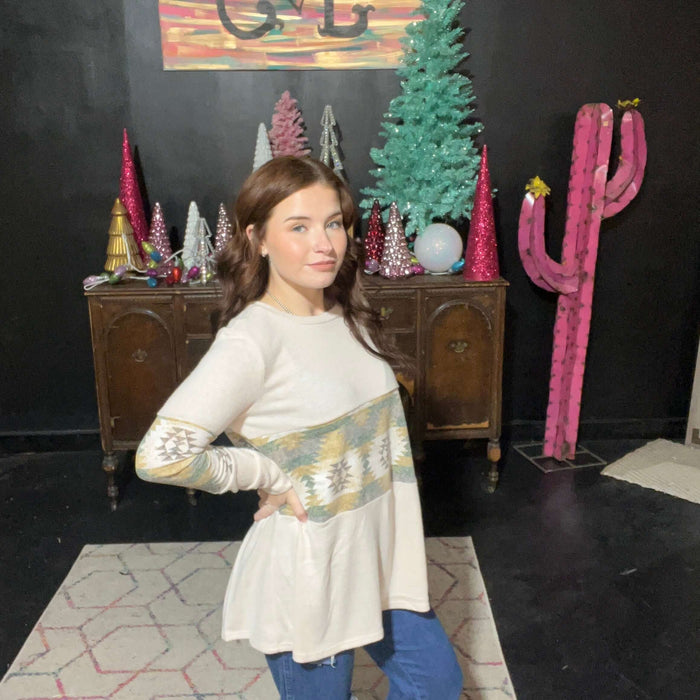 Oatmeal Aztec Soft Long Sleeve Sweater | 3XL