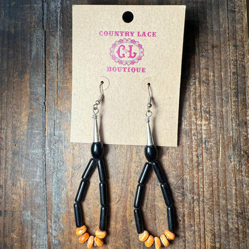 Black Onyx and Orange Spiny Teardrop Sterling Silver Hoop Earrings