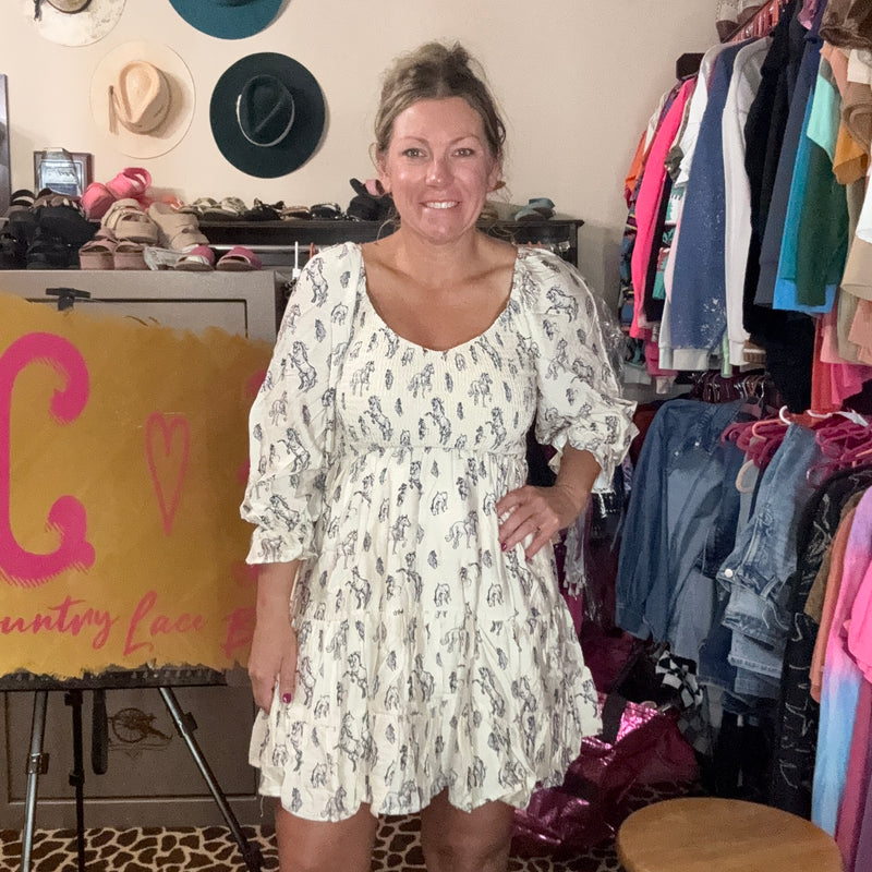 Horse Print Puff Sleeve Tiered Mini Dress