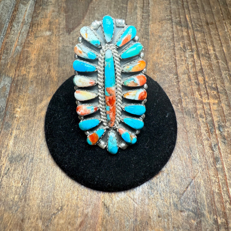 Orange and Turquoise Oval Cluster Sterling Silver Ring