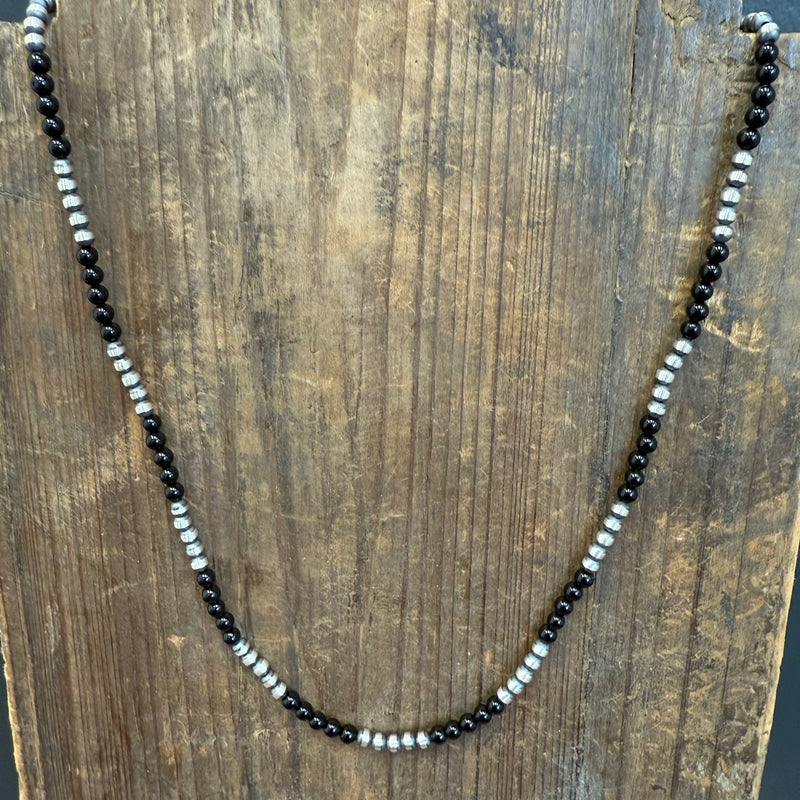 22 inch 4mm Navajo Pearl & Black Onyx Patterned Sterling Silver Necklace