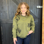 Olive Green Western Textured Patchwork Sweatshirt
