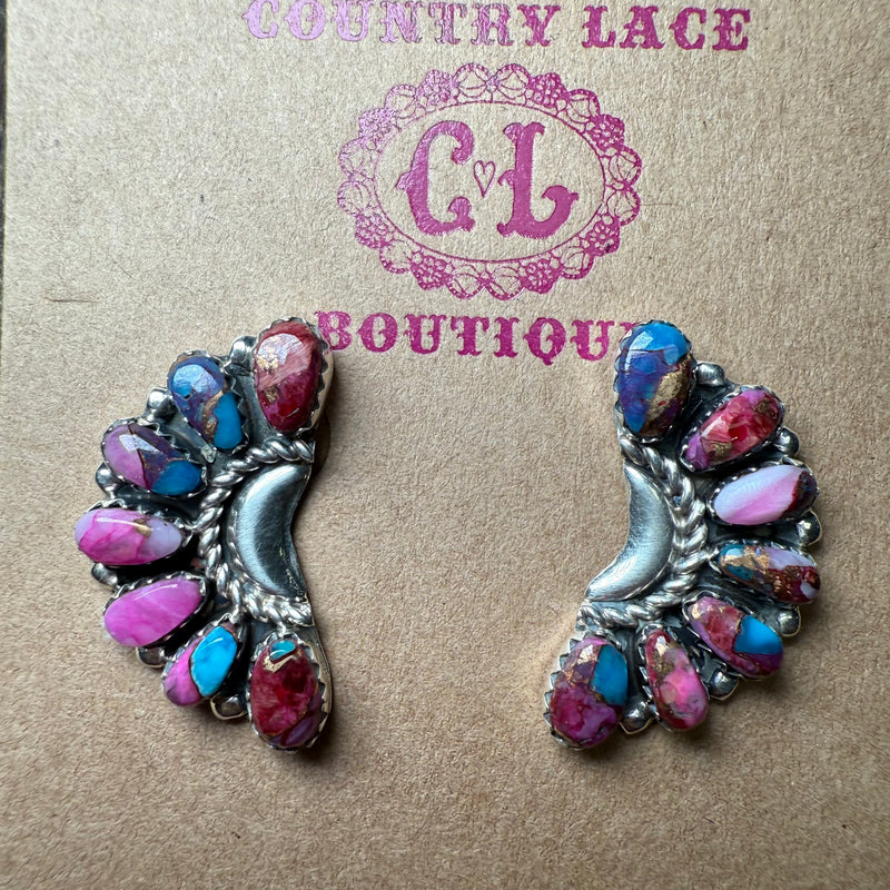 Dainty Half Cluster Purple Mohave Post Stud Sterling Silver Earring