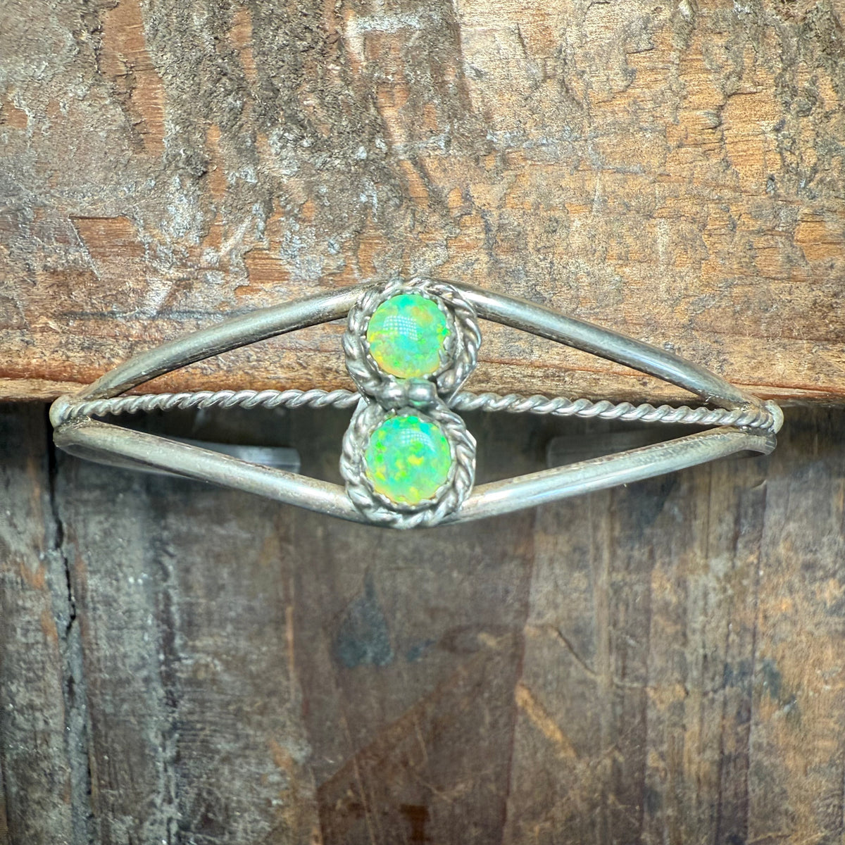 2 Stone Lime Green Opal Cuff Sterling Silver Bracelet