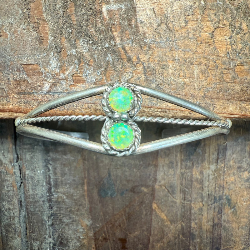 2 Stone Lime Green Opal Cuff Sterling Silver Bracelet