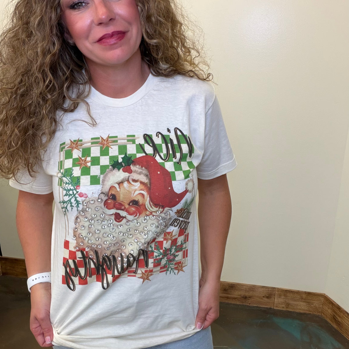 Bling Cream Nice until Proven Naughty Crew Neck Short Sleeve T Shirt