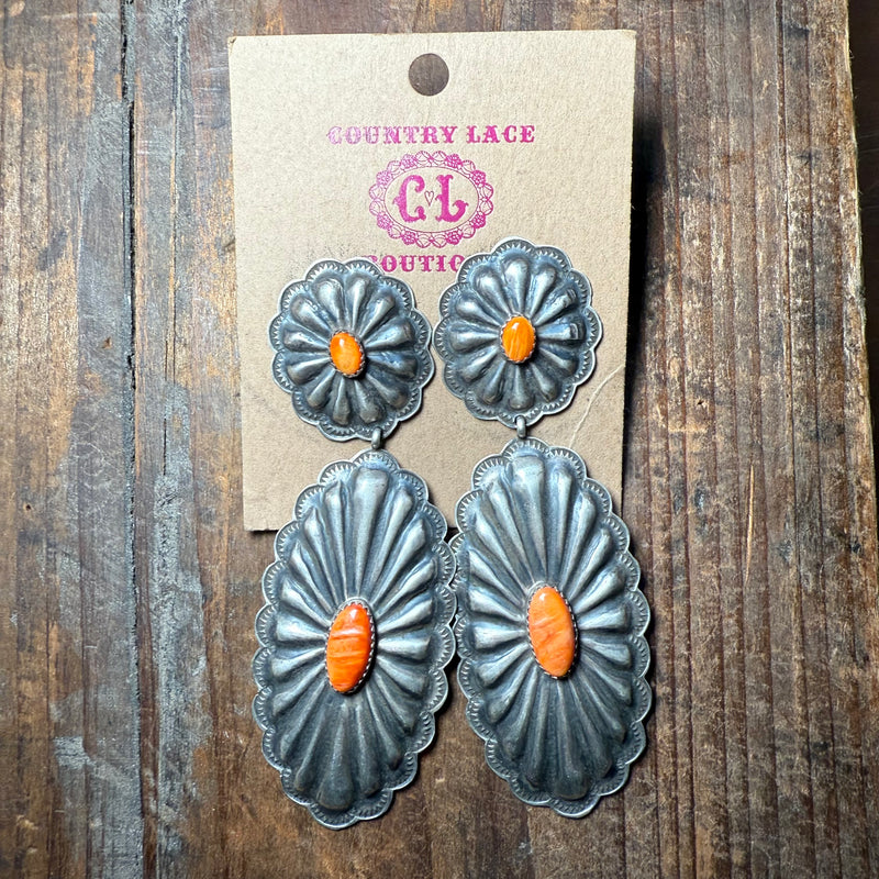 Concho Rita Lee Orange Spiny Sterling Silver Earrings