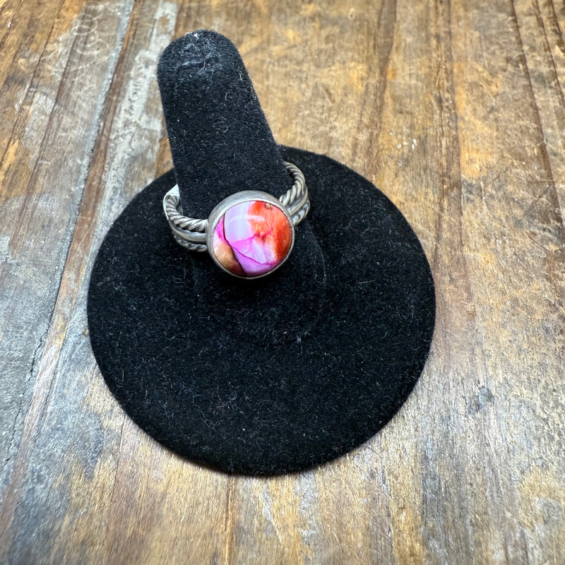 Pink Dahlia with Braided Band Sterling Silver Ring size 5.5