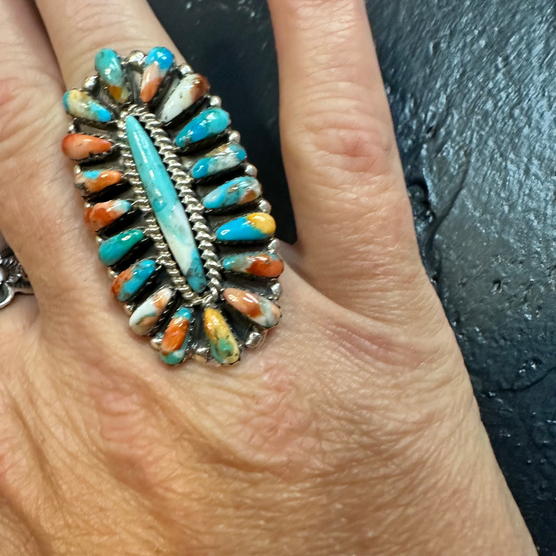 Orange and Turquoise Oval Cluster Genuine Ring