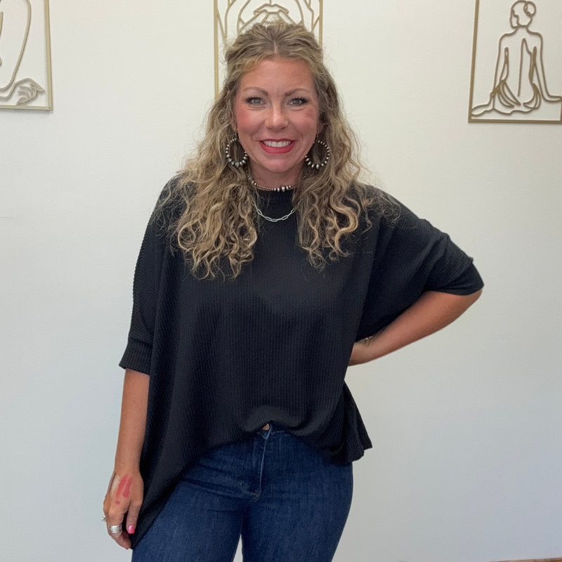 Black Ribbed Dolman Shortsleeve Top