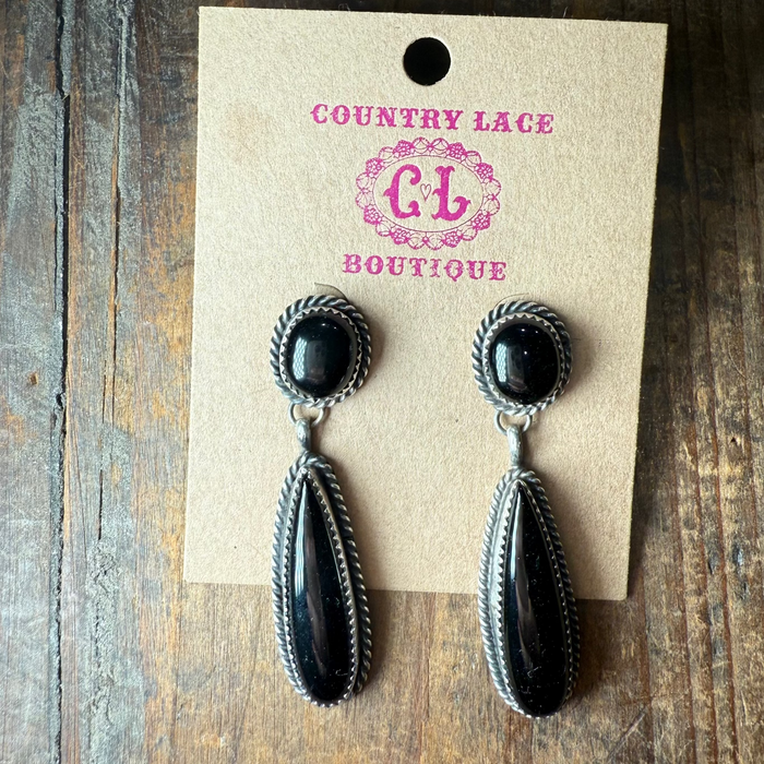 Fancy Black Onyx Dangle Post Sterling Silver Earring