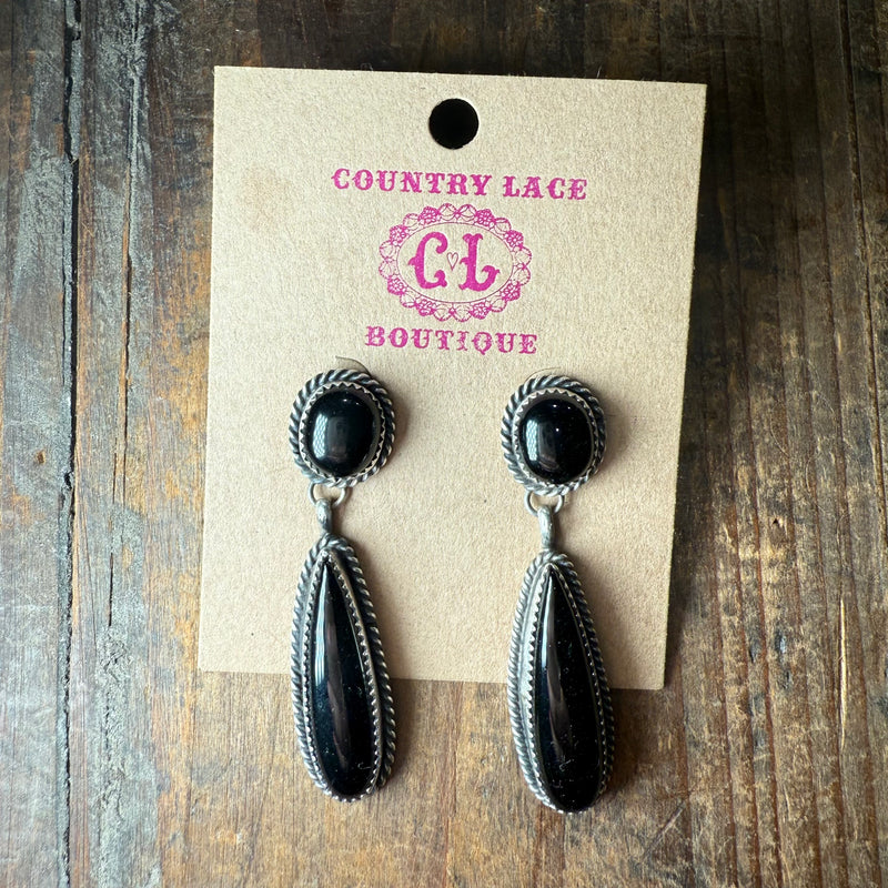 Fancy Black Onyx Dangle Post Sterling Silver Earring