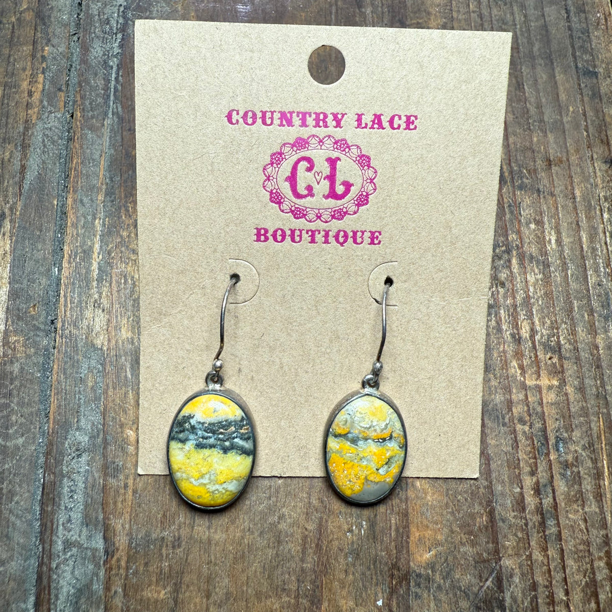 Yellow Bumblebee Jasper Oval Dangle French Hook Sterling Silver Earring
