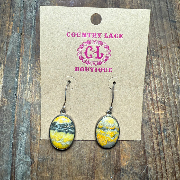 Yellow Bumblebee Jasper Oval Dangle French Hook Sterling Silver Earring