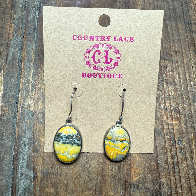 Yellow Bumblebee Jasper Oval Dangle French Hook Sterling Silver Earring
