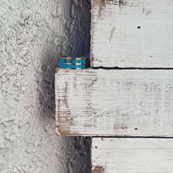 Two Row Turquoise Inlay Sterling Silver Ring size 9