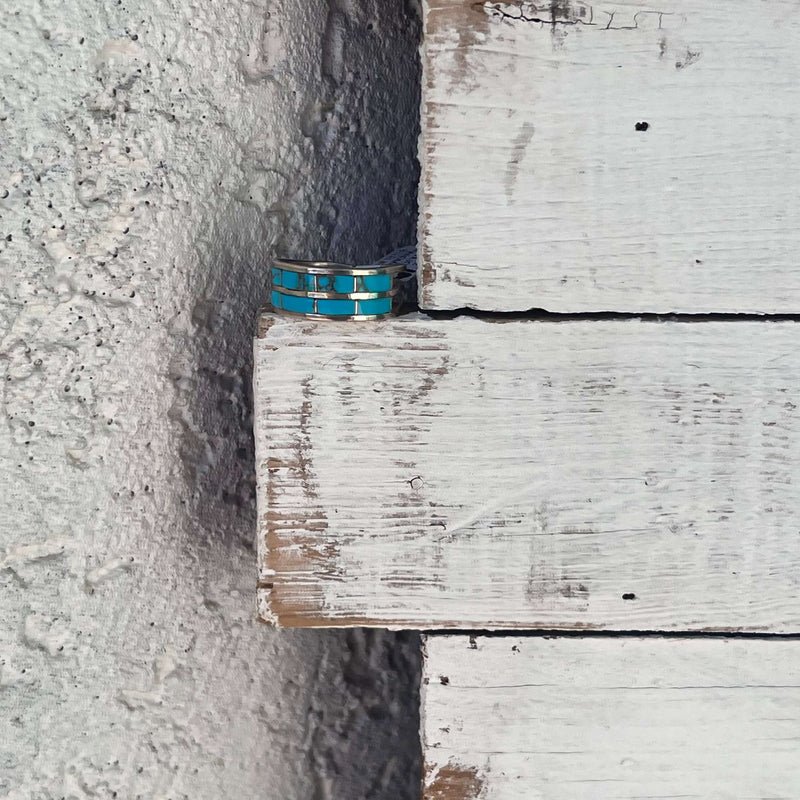 Two Row Turquoise Inlay Sterling Silver Ring size 9