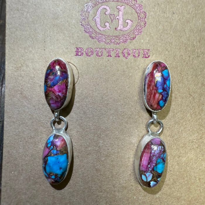 Dainty 2 Stone Dangle Mohave Post Sterling Silver Earring