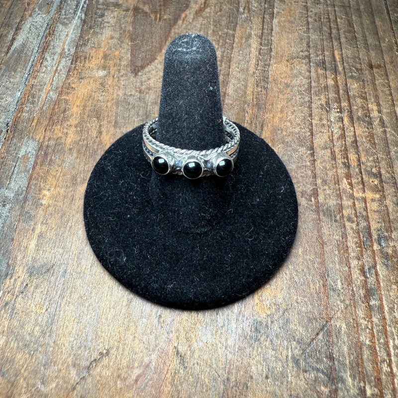 3 Stone Black Onyx Detail Band Sterling Silver Ring
