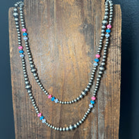 20 inch Patterned Navajo Pearl w/ Hot Pink, Blue, and White Opal Sterling Silver Necklace
