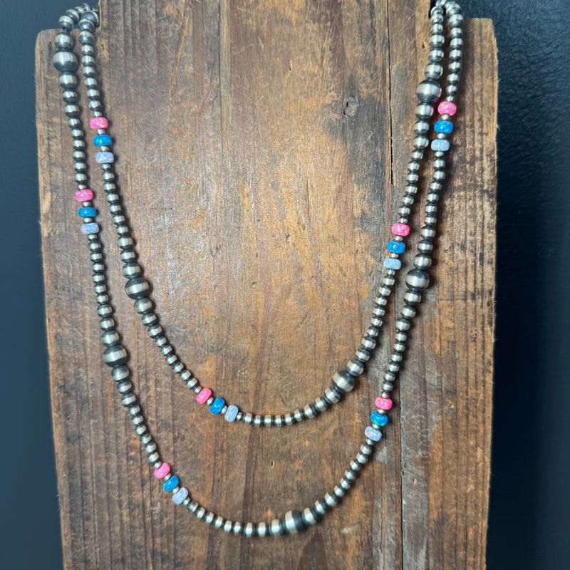 20 inch Patterned Navajo Pearl w/ Hot Pink, Blue, and White Opal Sterling Silver Necklace