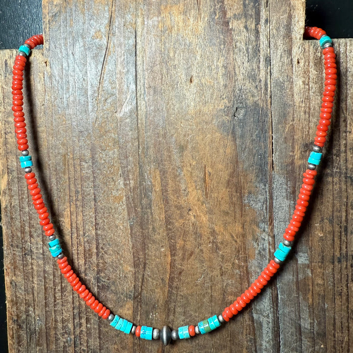 16 inch Red & Turquoise Sterling Silver Necklace