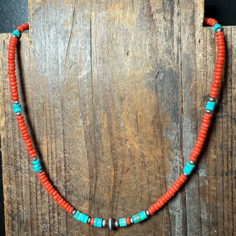 16 inch Red & Turquoise Sterling Silver Necklace